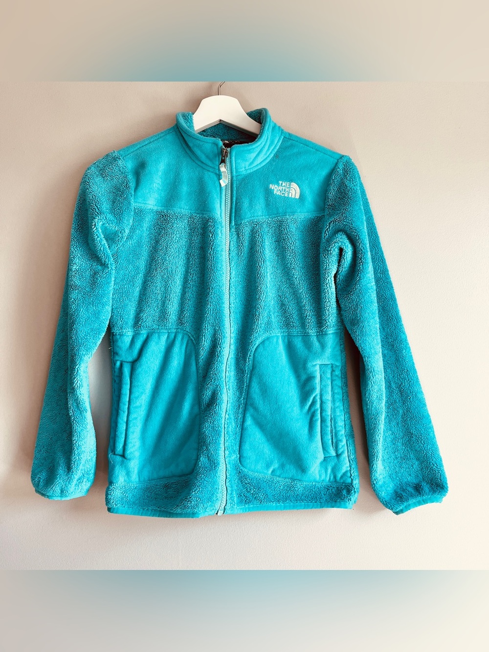 North Face girls fuzzy fleece jacket large 14-16 teal oso osito full zip teddy